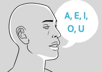 Illustrated person with speech bubble saying A E I O U