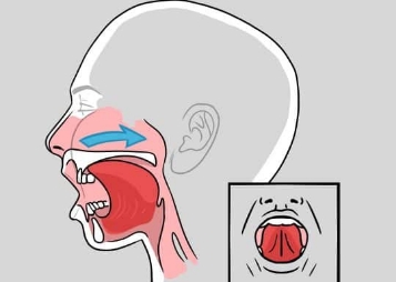 Illustration of person sliding their tongue behind their front teeth and sliding it backward