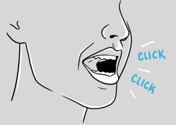 Illustration of person with the words click click near their mouth