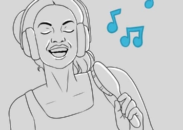 Illustrated person wearing headphones and singing into hairbrush