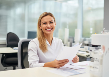 Friendly dental team member sitting behind desk